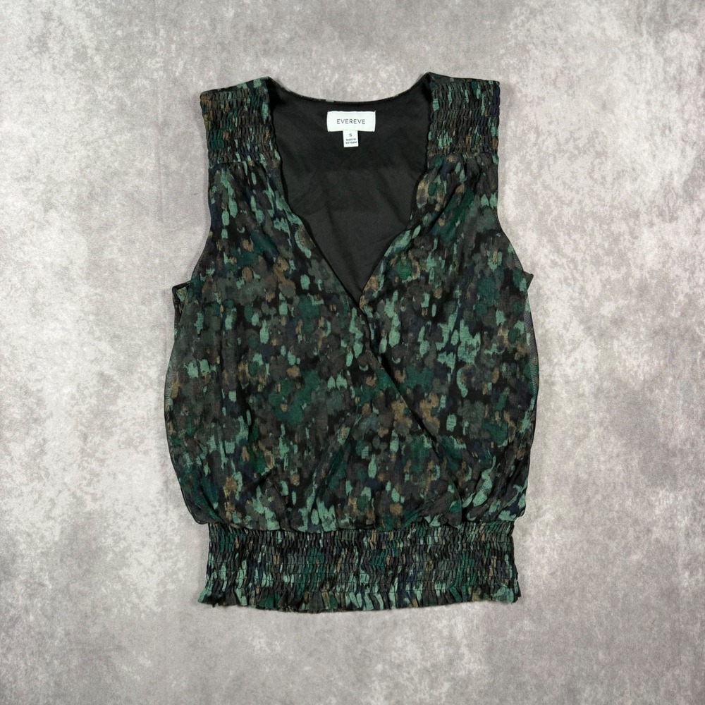 Evereve Green Abstract Print Smocked Waist Mesh Surplice V-Neck Top Small Boho